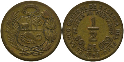 Перу 1/2 соль 1962 KM 220.5, Schon 23 латунь 4539-433