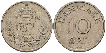 ДАНИЯ 10 ЭРЕ 1956 C; S, ФРЕДЕРИК IX (1947-1972) КМ 841.2 медно-никель 100-259