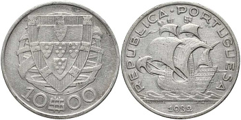 ПОРТУГАЛИЯ 10 ЭСКУДО 1932 ПАРУСНИК КМ 582 серебро 1519-735