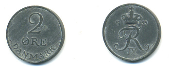 ДАНИЯ 2 ЭРЕ 1958 C; S, ФРЕДЕРИК IX (1947-1972) KM 840.2 цинк 176-533
