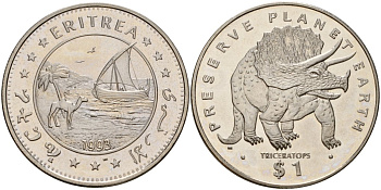 Эритрея 1 доллар 1993 берегите планету Земля, Трицератопс KM 10 медно-никель UNC 4125-832