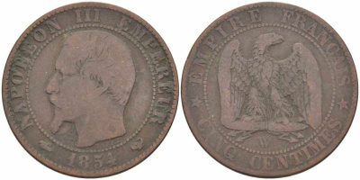 ФРАНЦИЯ 5 САНТИМОВ 1854 W, НАПОЛЕОН III (1852-1870) KM 777.7, LE FRANC 116.15 бронза 108-254