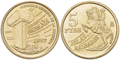 Испания 5 песет 1997 Хуан Карлос I (1975-2014), Балеарские острова, всадник KM 981 алюминиевая бронза 214-127