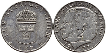 Швеция 1 крона 1977 Карл XVI Густав (1973- ) KM 852 медь плакированная медно-никелем 4397-826