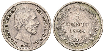 Нидерланды 5 центов 1869 Виллем III (1849-1890) KM 91 серебро     4576-825