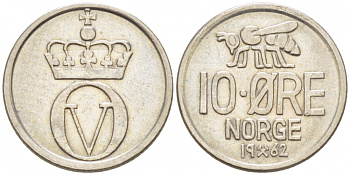 НОРВЕГИЯ 10 ЭРЕ 1962 КМ 411 медно-никель 3955-168