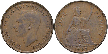 Великобритания 1 пенни 1945 Георг VI (1936-1952) KM 845, Spink 4114 бронза 4593-232