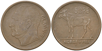 Норвегия 5 эре 1966 лось, Улаф V (1958 - 1991) KM 405 бронза 4119-511