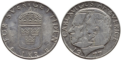 Швеция 1 крона 1977 Карл XVI Густав (1973- ) KM 852 медь плакированная медно-никелем 4397-826