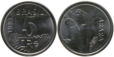 Бразилия 5 крузейро 1993 KM 627, Schon 136 нержавеющая сталь 4519-614