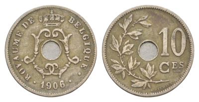 Бельгия 10 сантимов 1906 Belgique, Леопольд I (1865-1909) KM 52 медно-никель 4615-964