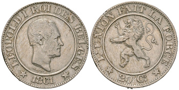 Бельгия 20 сантимов 1861 Леопольд I (1831-1865) KM 20 медно-никель 113-331