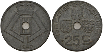 Бельгия 25 сантимов 1942 Belgie - Belgique, Леопольд III (1934-1947), германская оккупация, Вторая мировая война KM 132 цинк 4157-526