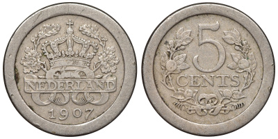 Нидерланды 5 центов 1907 Вильгельмина (1890-1948) KM 137 медно-никель    4115-437