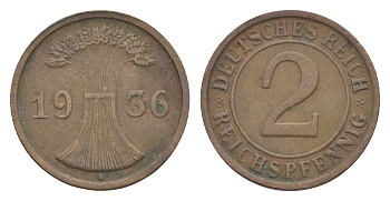 Германия 2 рейхспфеннига 1936 D KM 38, J. 314 бронза 4549-423