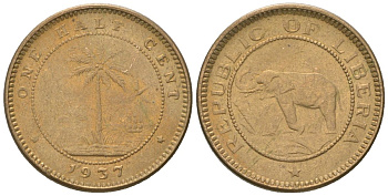 Либерия 1/2 цента 1937 KM 10 латунь aUNC 4588-1051