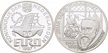 Нидерланды 50 евро 1997 Йохан ван Олденбарневелт (1547-1619), парусник серебро PROOF 1068-5-13