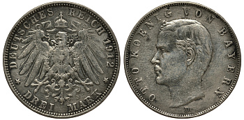 Бавария 3 марки 1912 Отто (1886-1913) Weege 45, J. 47, KM 515 серебро 3711-2045