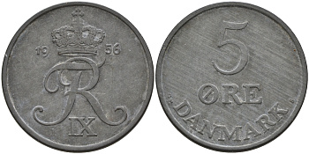 Дания 5 эре 1956 C.S, Фредерик IX (1947-1972) KM 843.2 цинк    4143-322