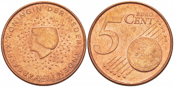 НИДЕРЛАНДЫ 5 ЕВРОЦЕНТОВ 2001 KM 236 сталь покрытая медью UNC 3457-1131