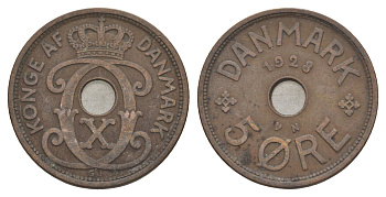 Дания 5 эре 1928 N, Кристиан X (1912-1947) KM 828 бронза 4638-617