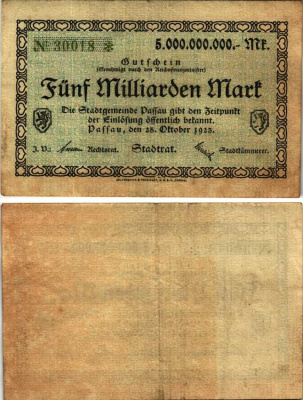 ПАССАУ 5000000000 МАРОК 1923 НОТГЕЛЬД, 25 ОКТЯБРЯ 1923, ЗЕМЛЯ БАВАРИЯ, НОМЕР ЗЕЛЁНЫЙ СО СНЕЖИНКОЙ Keller 4243n бумага 6318-38-2-2