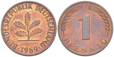 ФРГ 1 ПФЕННИГ 1969 J KM 105 J. 380 сталь плакированная медью 3955-522