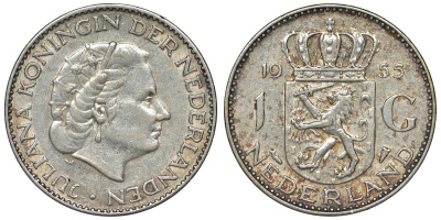 Нидерланды 1 гульден 1955 Юлиана (1948-1980) KM 184 серебро 71-1117