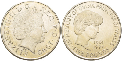 Великобритания 5 фунтов 1999 Елизавета II (1952-2022), в память о принцессе Диане (1961-1997) KM 997, Spink 4551 (L6) медно-никель UNC 4184-1014