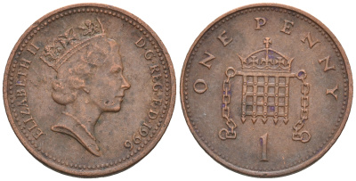 Великобритания 1 пенни 1996 Елизавета II (1952-2022) KM 935a, Spink 4391 (B4) сталь плакированная медью 4609-535