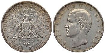 Бавария 3 марки 1908 D, Отто (1886-1913) Weege 45, J. 47, KM 515 серебро 413-6212