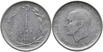 Турция 1 лира 1960 Мустафа Кемаль Ататюрк KM 889а.1 нержавеющая сталь 4541-1224