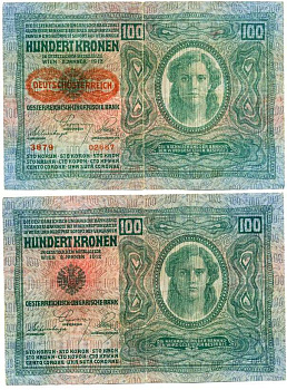 Австрия 100 крон 1912 (1919) красная надпечатка на Pick 12, на аверсе Pick 56 a бумага 8612-62-2-1