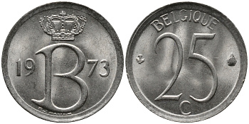 Бельгия 25 сантимов 1973 Belgique, Бодуэн I (1951-1993) KM 153.1 медно-никель 99-424