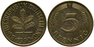 ФРГ 5 ПФЕННИГОВ 1990 D KM 107, J. 382 сталь плакированная латунью 33-224