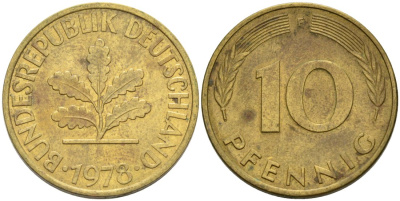 ФРГ 10 пфеннигов 1978 F KM 106 сталь плакированная латунью 4571-543