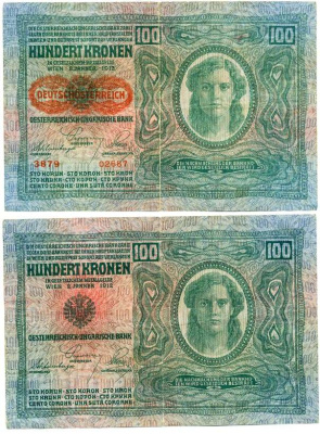 Австрия 100 крон 1912 (1919) красная надпечатка на Pick 12, на аверсе Pick 56 a бумага 8612-62-2-1