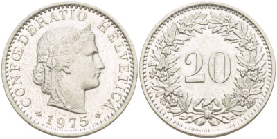 Швейцария 20 раппенов 1975 KM 29а медно-никель 4544-325