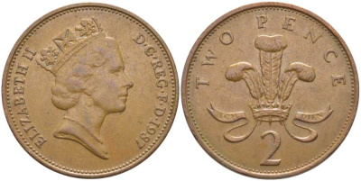 Великобритания 2 пенса 1987 Елизавета II (1952-2022) KM 936, Spink 4376 (C3) бронза 117-135