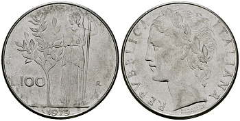 Италия 100 лир 1979 R, Афина у оливкого дерева KM 96.1 нержавеющая сталь 4137-242