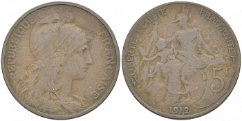 ФРАНЦИЯ 5 САНТИМОВ 1912 ТИП ДАНИЭЛЬ ДЮПЮИ KM 842, LE FRANC 119.24 бронза 77-451