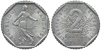 Франция 2 франка 1981 сеятель KM 942.1, Le Franc 272.5 никель 4123-426