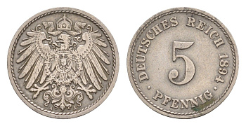 Германия 5 пфеннигов 1894 A, Вильгельм II (1888-1918) KM 11, J. 12 медно-никель 4655-259