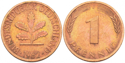 ФРГ 1 ПФЕННИГ 1982 J KM 105, J.380 сталь плакированная медью 4396-1533