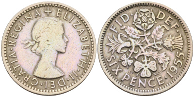 Великобритания 6 пенсов 1955 Елизавета II (1952-2022) KM 903, Spink 4149 медно-никель 4588-523