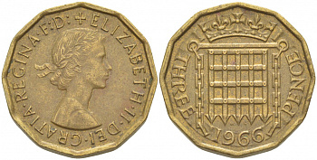 Великобритания 3 пенса 1966 Елизавета II (1952-2022) KM 900, Spink 4153 никель латунь 212-1242