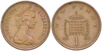 Великобритания 1 пенни 1974 Елизавета II (1952-2022) KM 915, Spink 4237 (B1) бронза 217-327