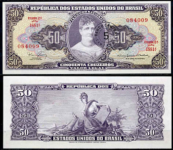 Бразилия 5 сентаво 1967 надпечатка на 50 крузейро, серия 1881, Estampa 2A, Жетулиу Варгас Pick 184 b бумага UNC (пресс) 2196-38-3-1
