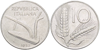ИТАЛИЯ 10 ЛИР 1982 R, КОЛОСЬЯ, ПЛУГ KM 93 алюминий 4551-232