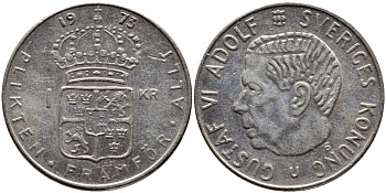 Швеция 1 крона 1973 Густав VI Адольф (1950-1973) KM 826а медь плакированная медно-никелем 4395-321